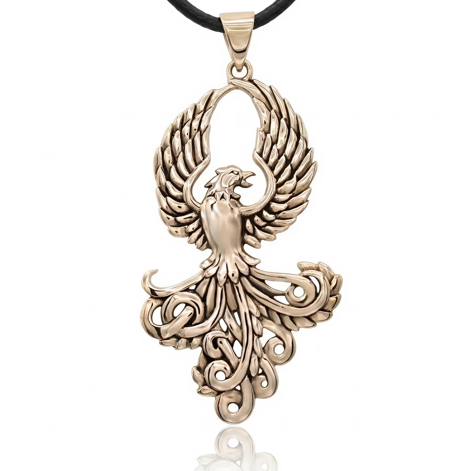 Bronze Phoenix Rising from Flames Pendant Necklace – Alchemy Fire Bird Symbol