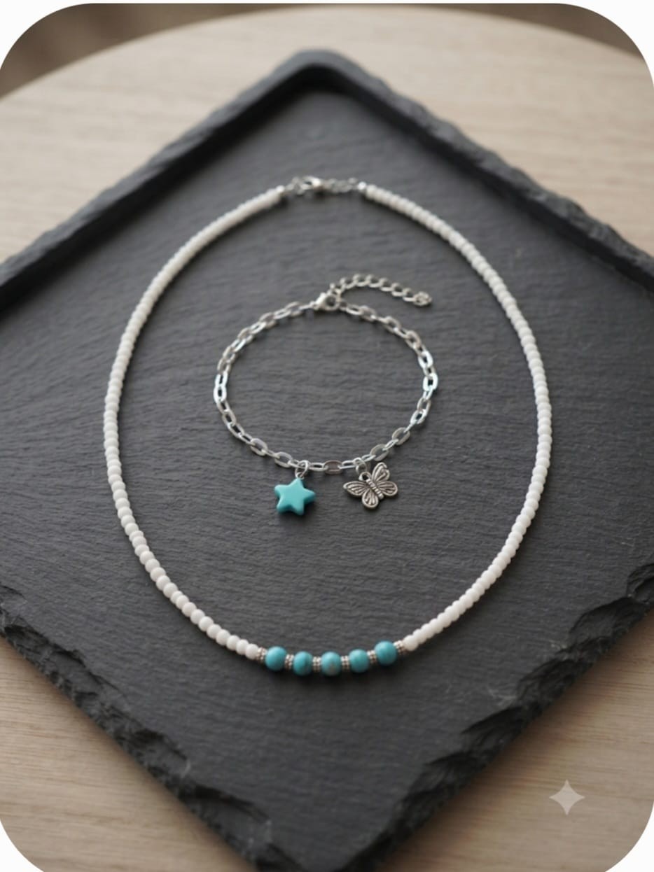 Boho White Seed Bead Choker Turquoise Stones & Silver Chain Star Butterfly Brace