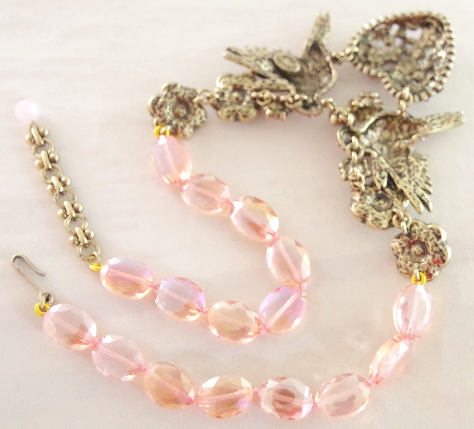 DESIGNER STYLE PINK AB CRYSTAL RHINESTONE LOVE BIRDS VALENTINE HEART NECKLACE