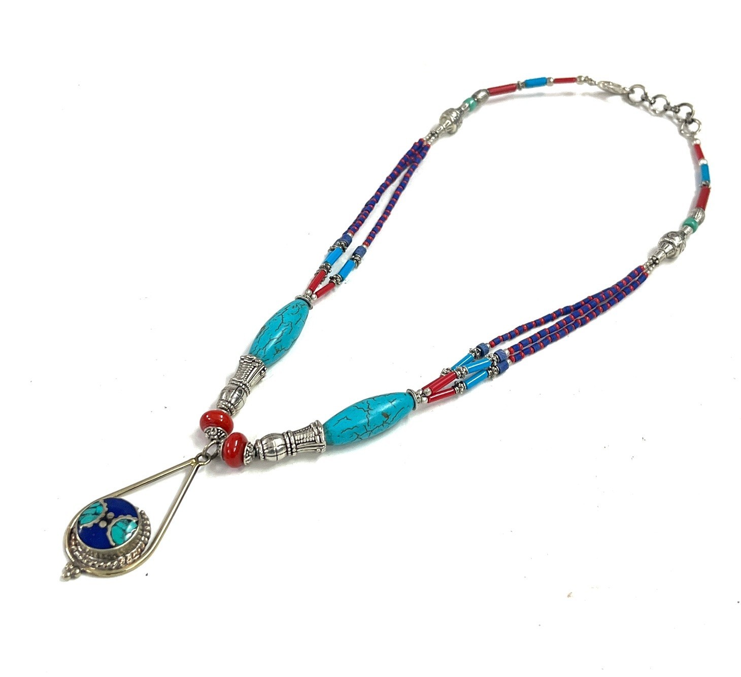 Lapis Lazuli Turquoise Gemstone Tibetan Bohemian Necklace Jewelry, 18 Inc Adjst