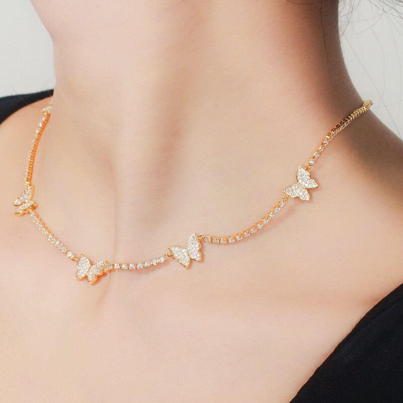 Cubic Zirconia Tennis Butterfly Connect Clavicle Round Choker Necklace for Women