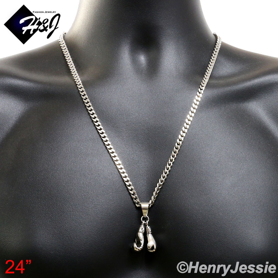24″Stainless Steel 5mm Silver Cuban Chain Black Plated Boxing Glove Pendant*P87