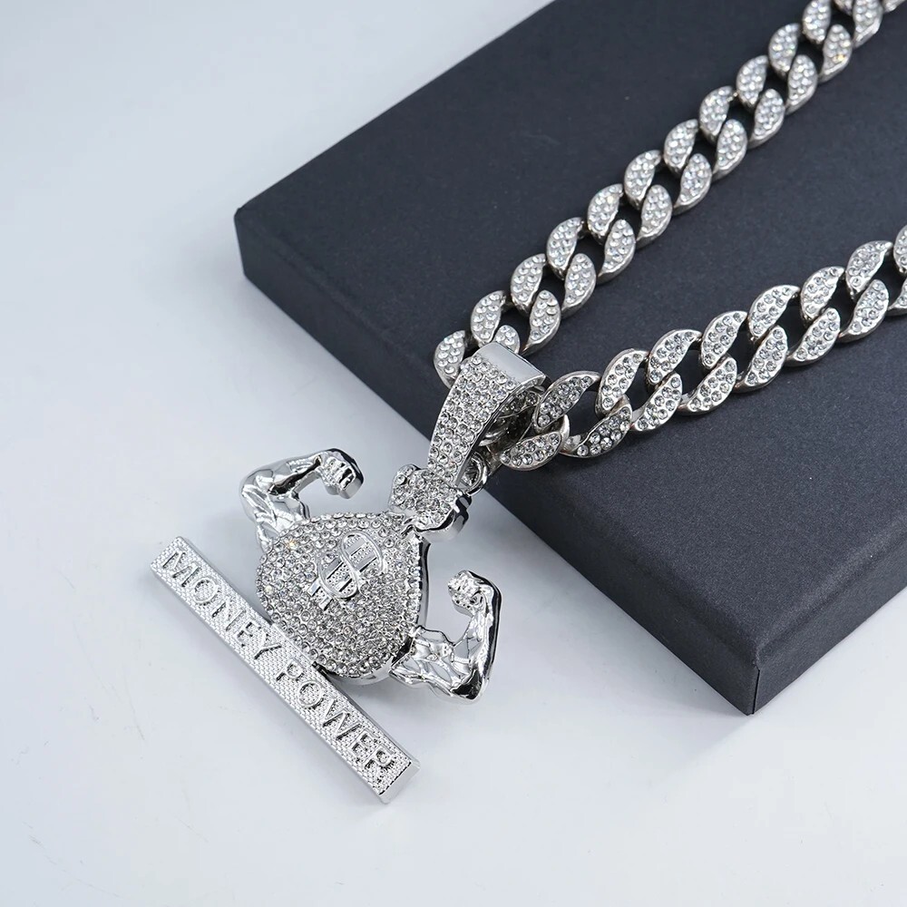 HipHop MONEY POWER Pendant Necklace Chain CZ Iced Fashion Punk Men Women Jewelry