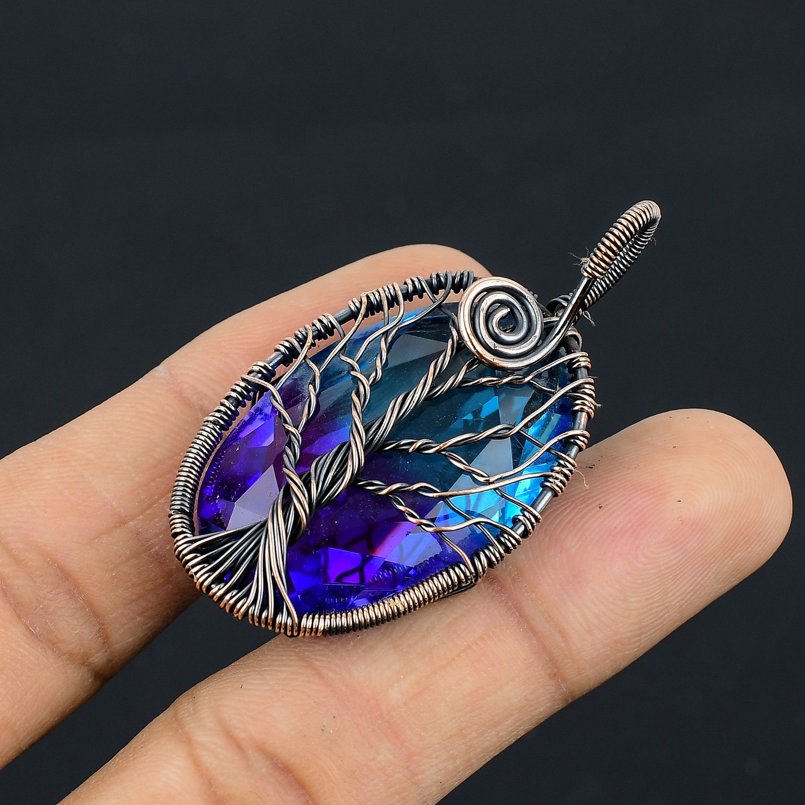 Bi Color Tourmaline Gemstone Copper Wire Wrap Jewely Pendant 2.1″ K646