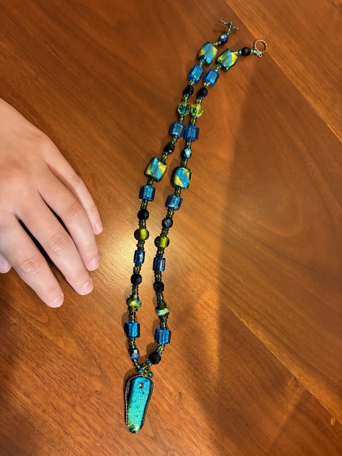 Vintage Blue Green Art Glass Beaded Necklace With Dichroic Glass Pendant Clasp