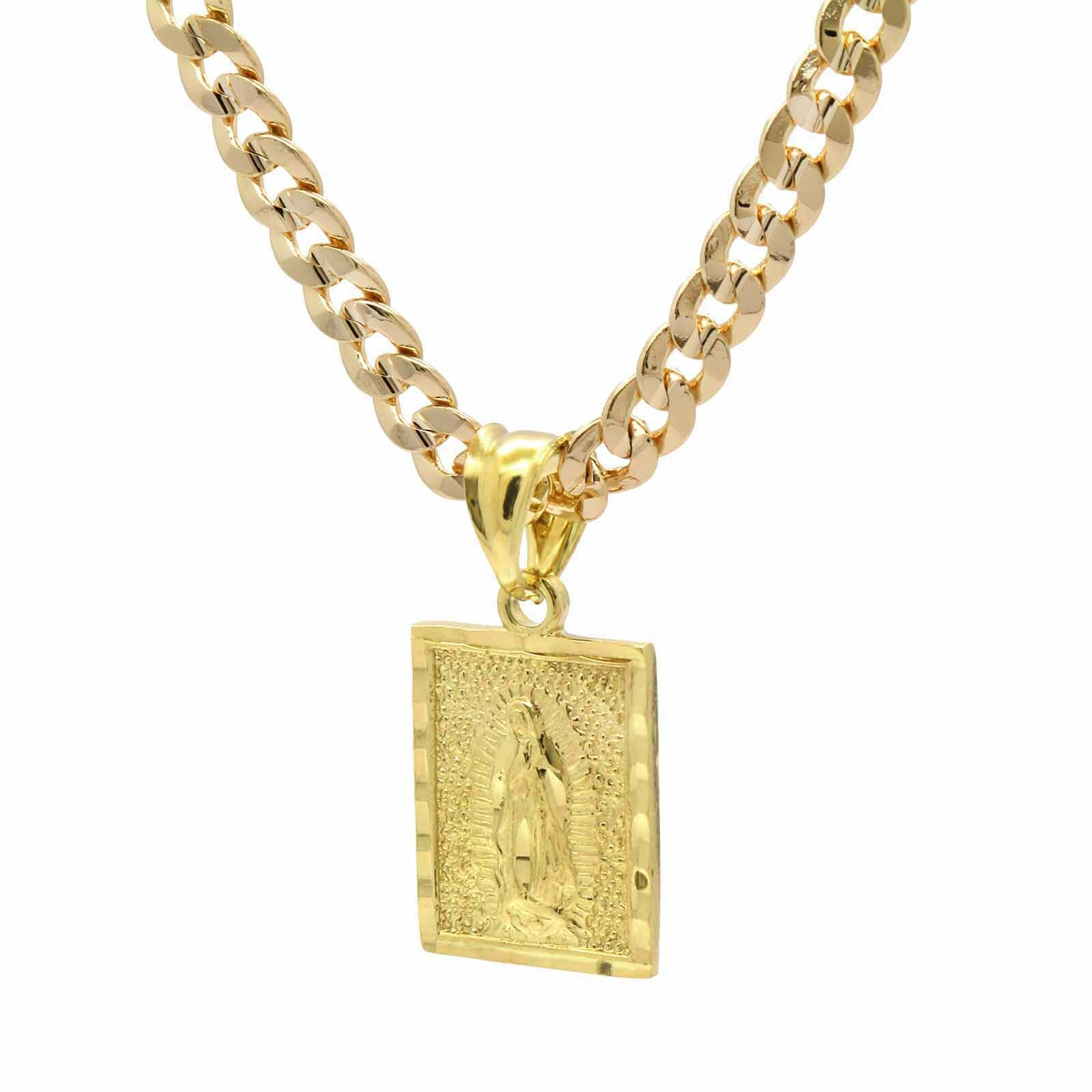 Mens 18k Gold Plated Brass Guadalupe Pendant 6mm 30″ Cuban Chain
