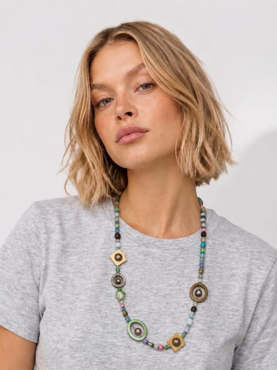 Boho Multi-Material Statement Necklace with Mixed Glass, Wood, and Geometric Bea