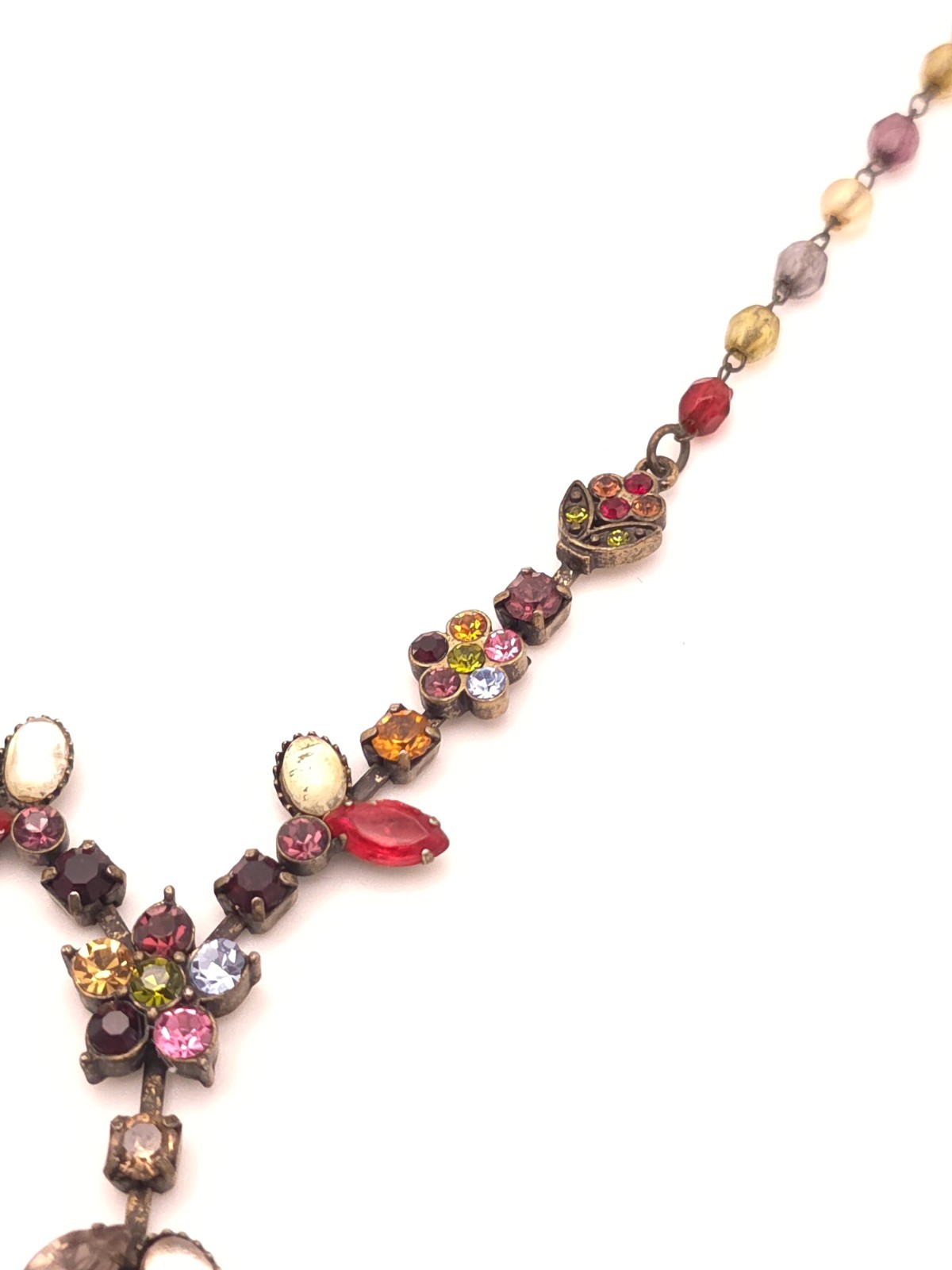 Vintage Multicolor Beaded Y-Drop Necklace Red Teardrop Crystal Floral Drop