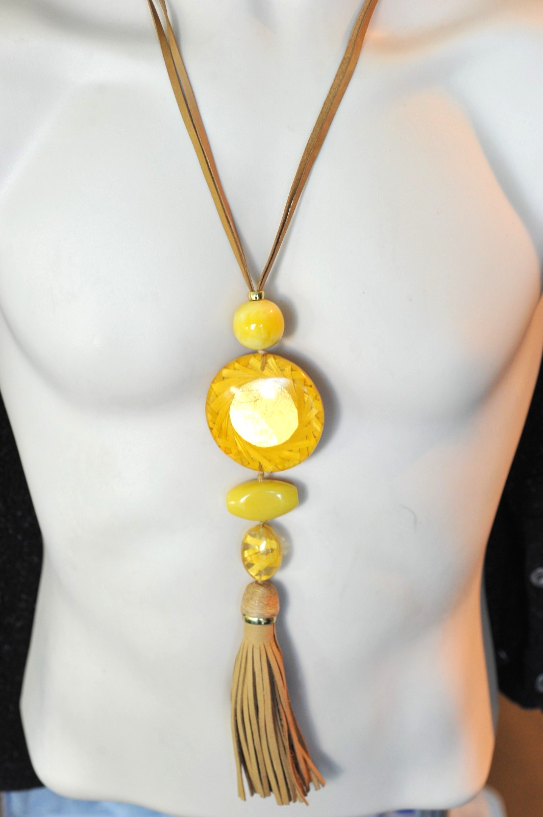Chico’s necklace faux leather chunky tassel boho long costume yellow straw B