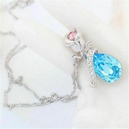 Valentine’s Day Gift for Her Unique Teardrop Blue Crystal Necklace Love w/ box