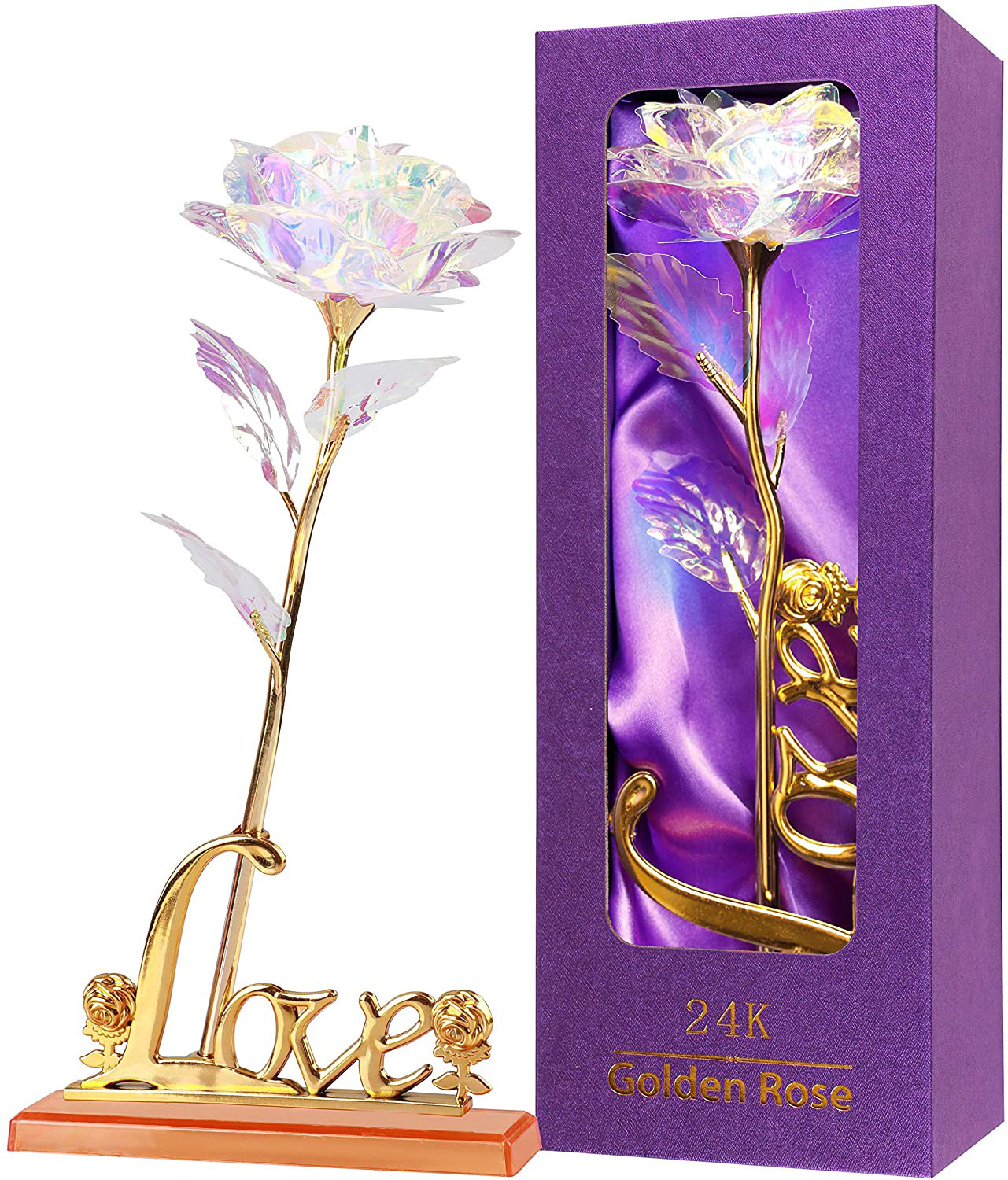 Rainbow Rose Gift for Her, Golden Flower Colorful Gold Foil Rose with Love