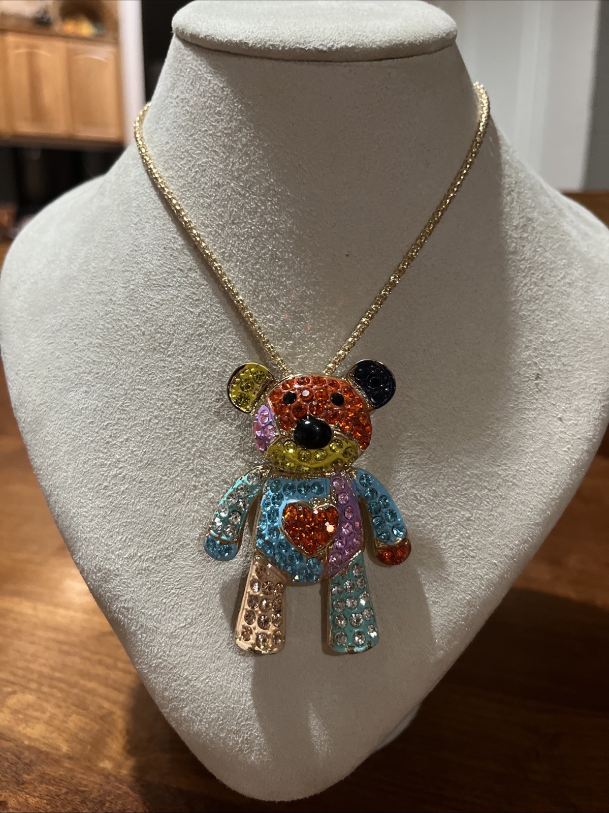 Betsey Johnson Teddy Bear Necklace Brooch Crystals 16” Chain Signed *READ*