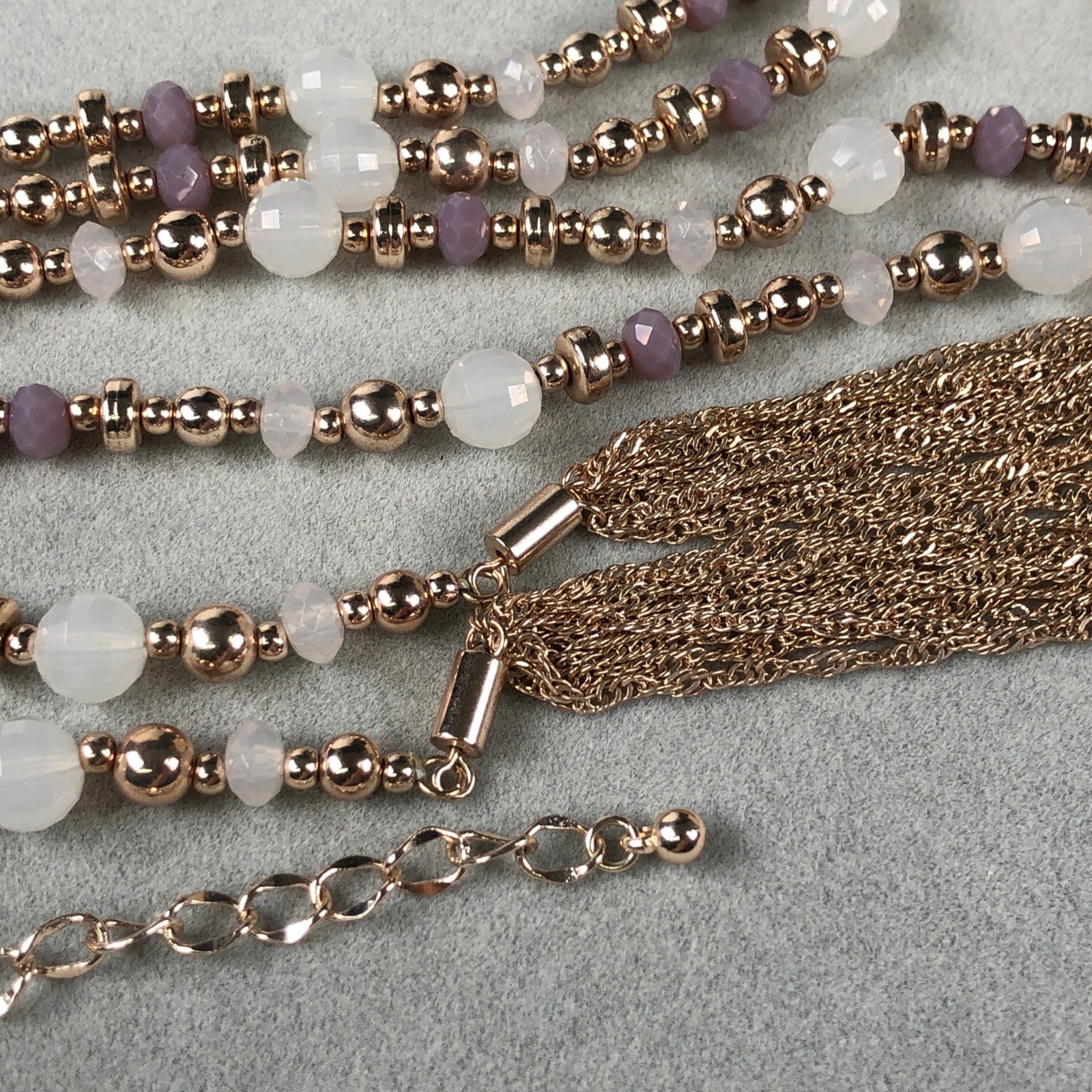 NY New York & Company Flapper Necklace Gold Tone Tassel Pink Glass Beaded Lariat