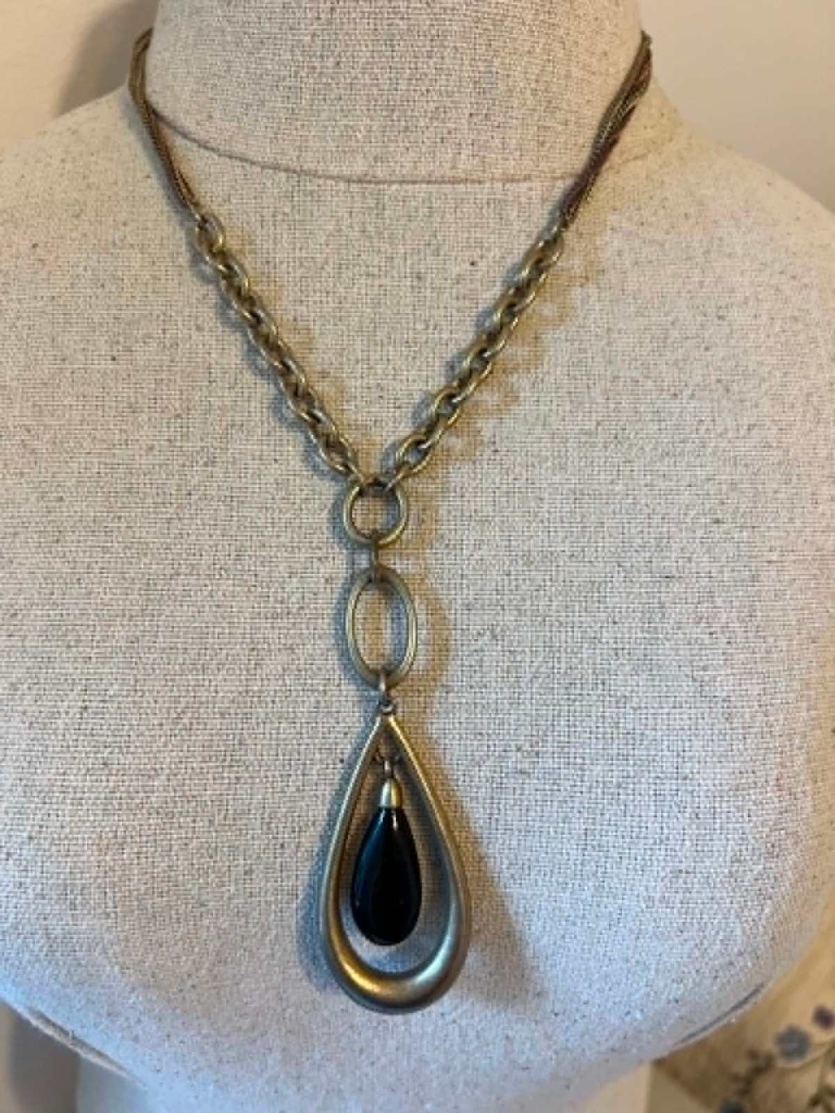 Vintage Silver Tone Chain Necklace with Black Teardrop Pendant