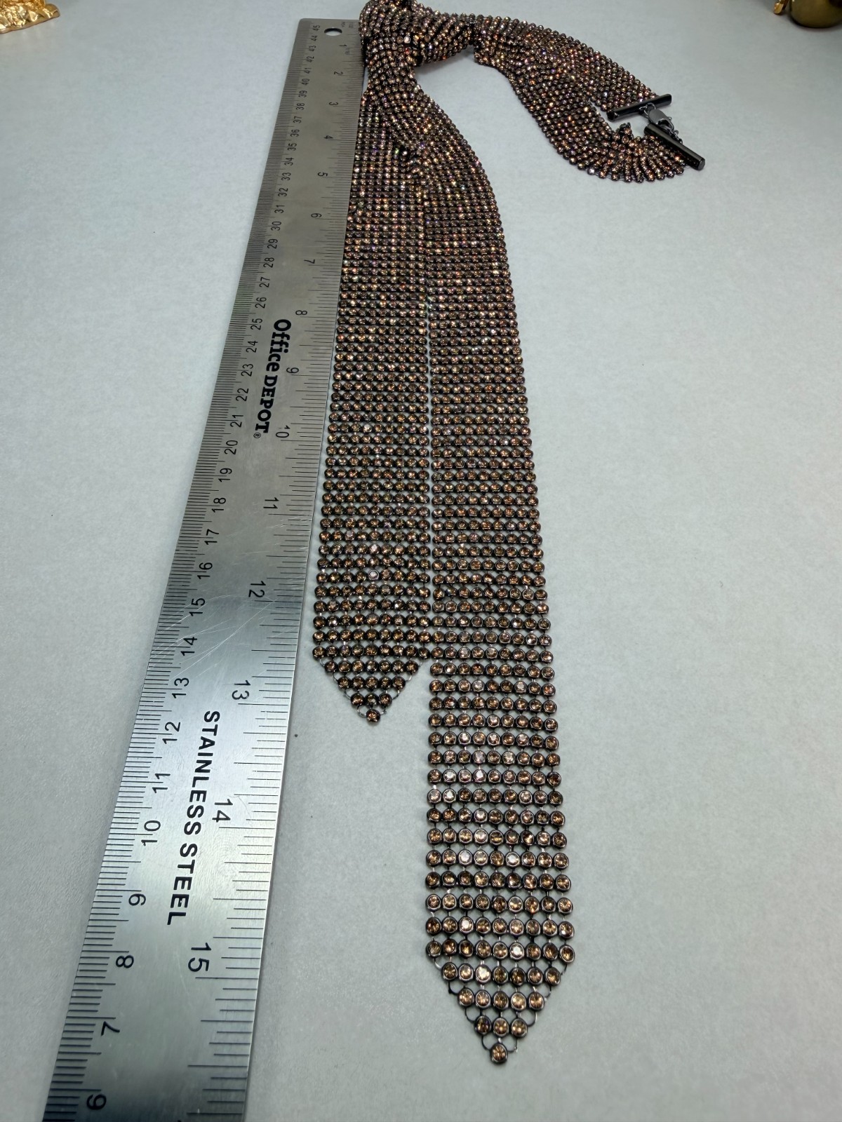 ZARA NWOT Bronze Crystal Rhinestone Necktie Statement Necklace Runway Glam