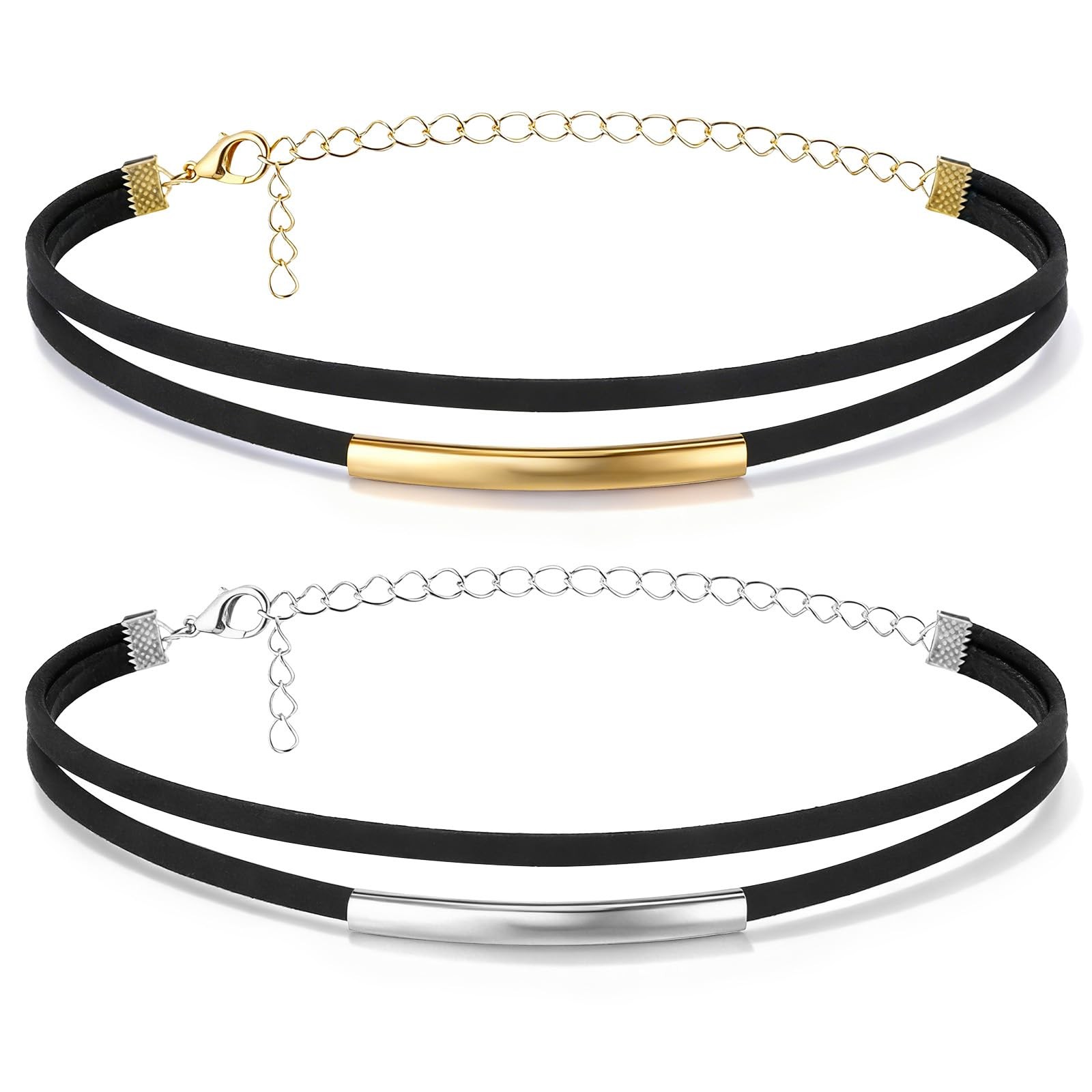 Xosjska 2 PCS Velvet Choker Necklace, Double Layer Medium, black,gold,silver