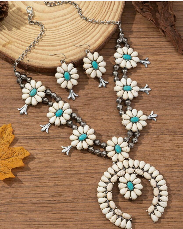 JEWELRY SET-Western 3pcs/Set Turquoise/White Squash Blossom Style Necklace