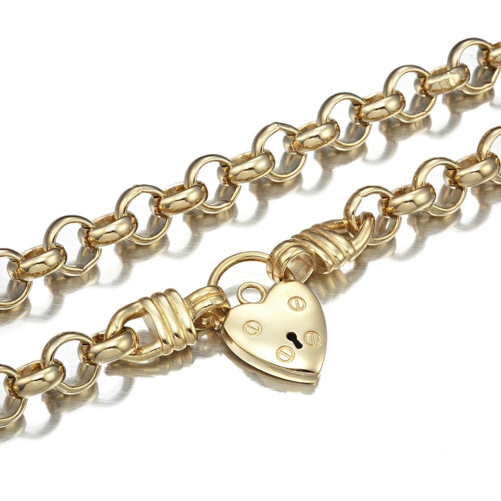 18K GL Thick Solid Rolo Yellow Gold Chain Necklace Classic Keyhole Heart Padlock