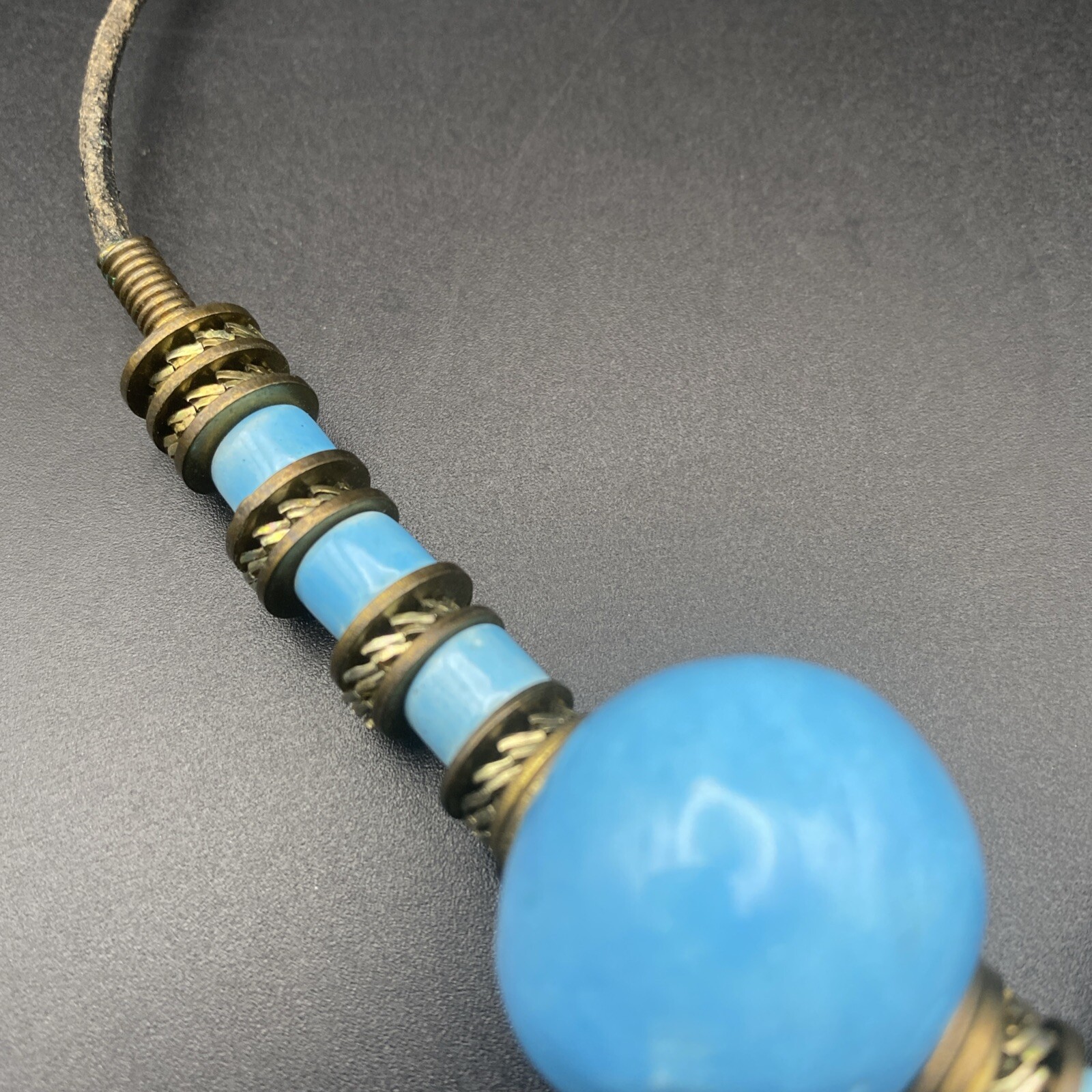 Chunky Necklace 18″ Choker Blue Turquoise Ceramic Beads Metal Disc Boho Western