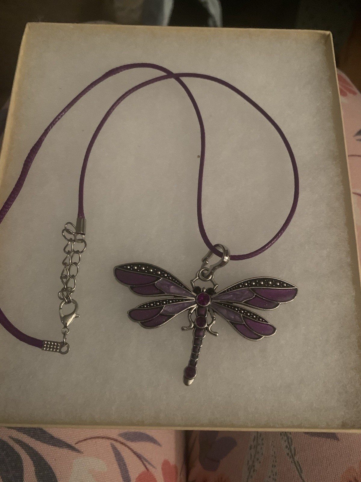 Purple Dragonfly On 18 In Cord and Chain Necklace Silver Tone Purple Stones