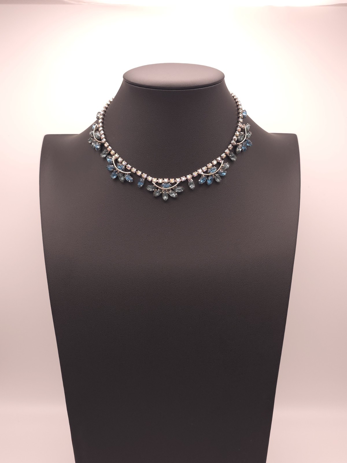Silver Tone Blue Marquise Crystal Rhinestone Statement Collar Necklace Hook