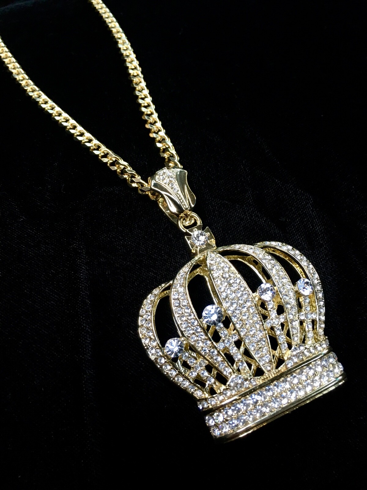 Solid 18K Gold Lab Diamonds BIG CROWN Pendant Chain Necklace *LIFETIME WARRANTY*