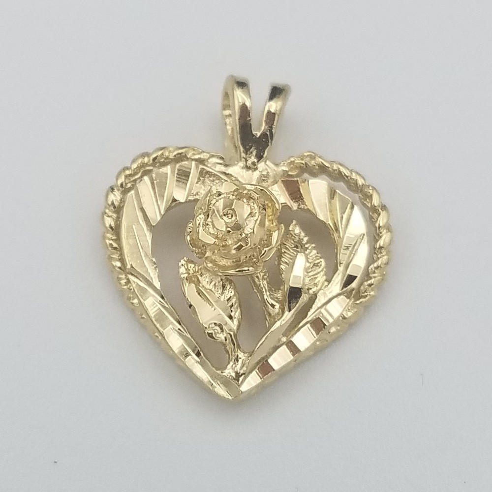 14KT GOLD PLATED HEART & ROSE CHARM & 18″ 14KT GOLD EP ROPE CHAIN-2075