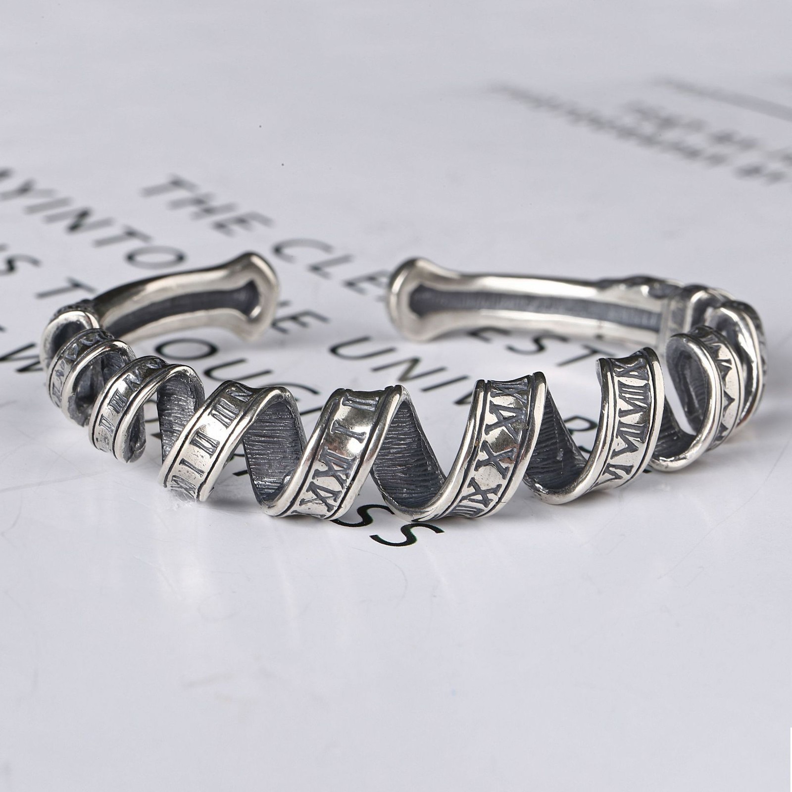 Twist Roman Numeral Cuff Bracelet Unisex Punk Bangle 18g S925 Sterling Silver