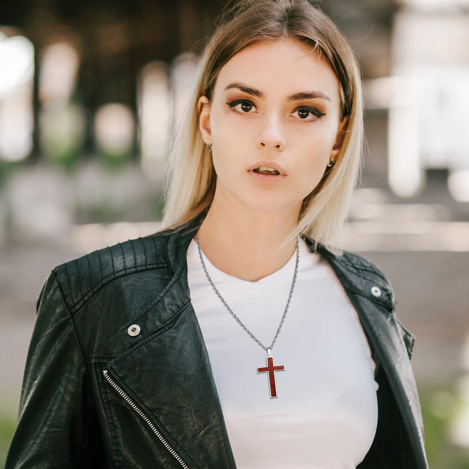 Men Women Stainless Steel Wooden Cross Pendant Chain Necklace Religious Prayer