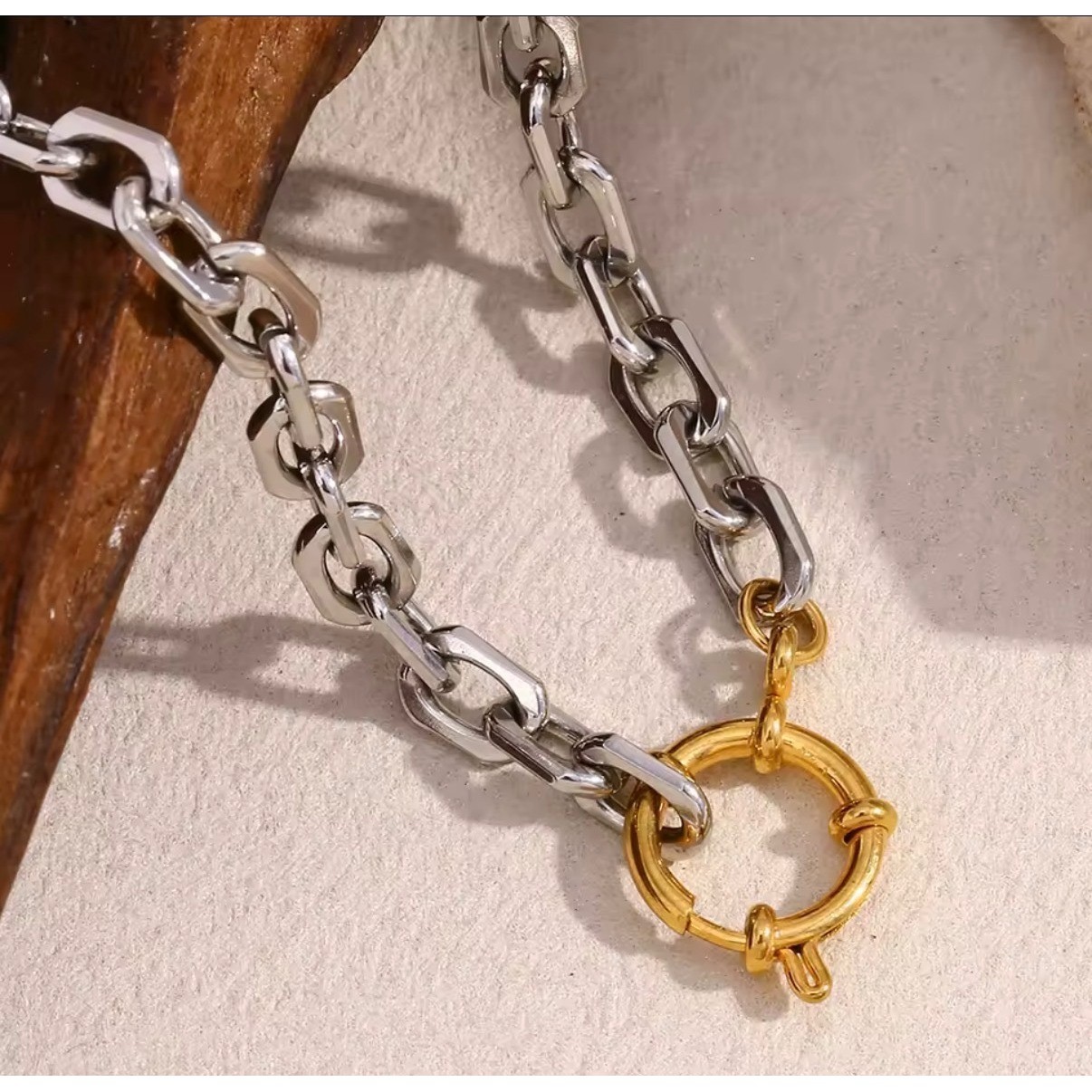 Two Tone Chunky Chain Link Necklace Gold Silver Mixed Metal Sailor Clasp Choker