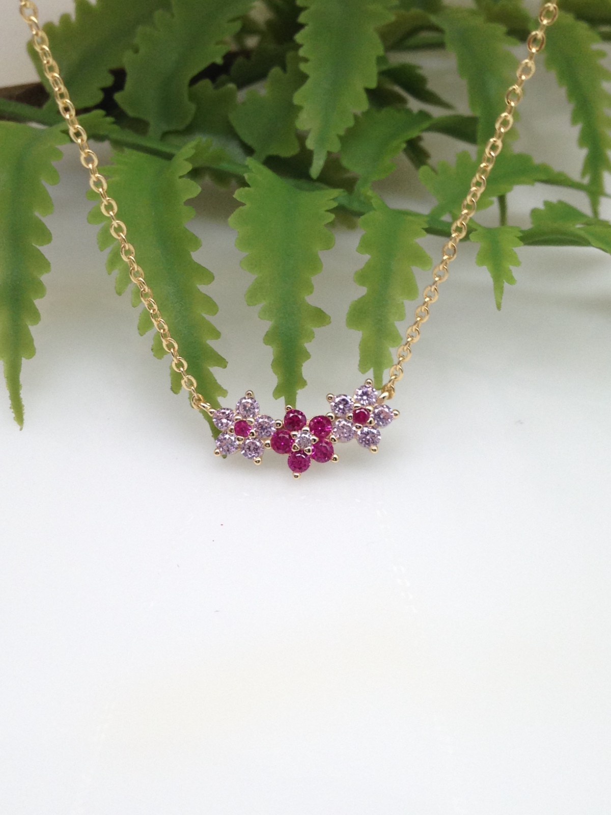 925 Sterling Silver CZ Pink Flower Pendant Gold Necklace Three Flower 16mm 17.5″
