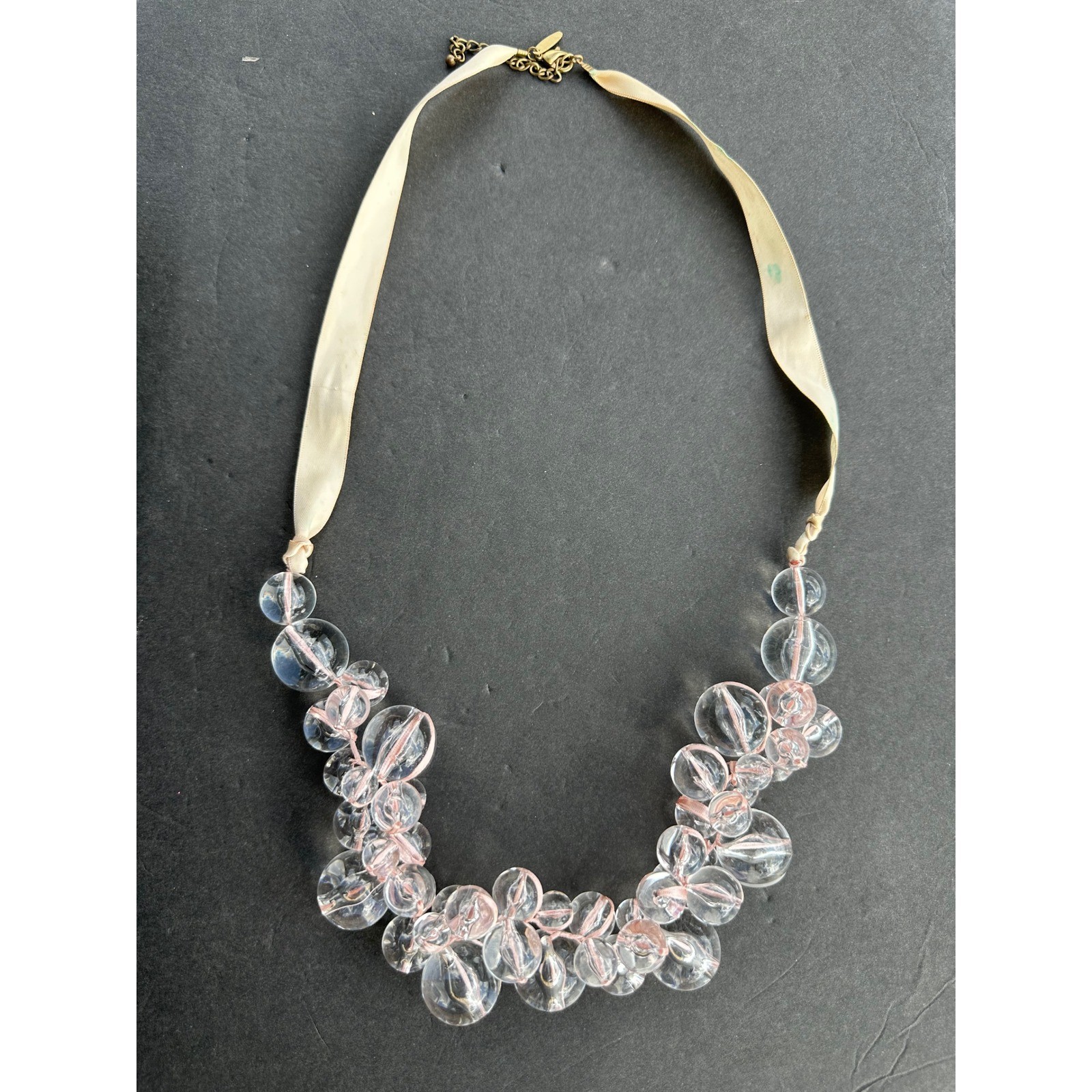 Avenue Women Clear Pink Bubble Bead Statement Necklace Ribbon Strap Gold Tone