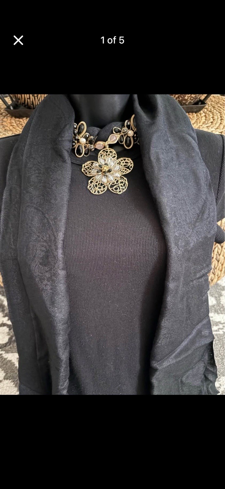 Gold Tone Beaded Statement Necklace Flower Charm Clear Crystal Cluster Pearl