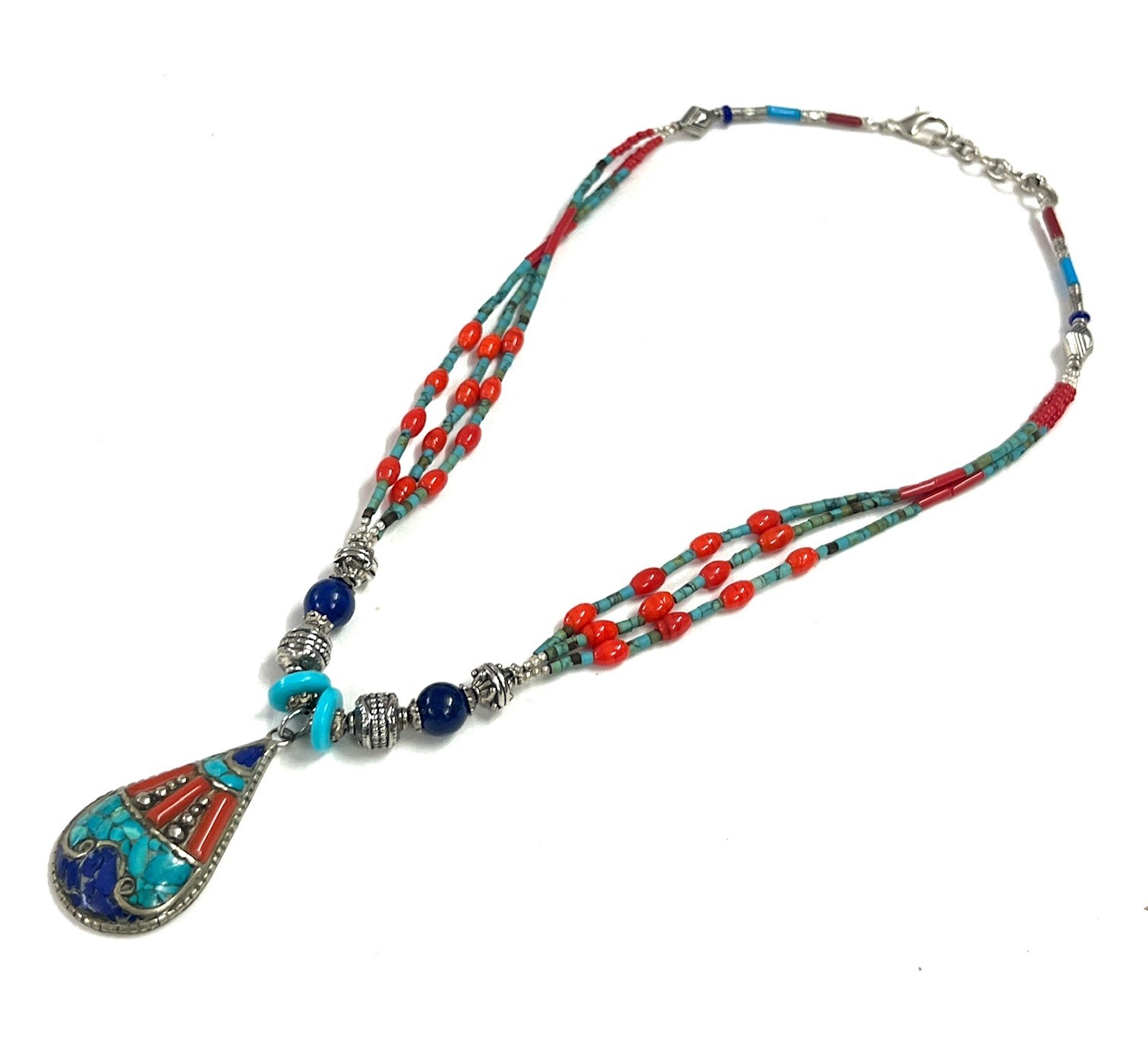 Antique Coral Turquoise Gemstone Tibetan Art Deco Necklace Jewelry, 18 inch Adju