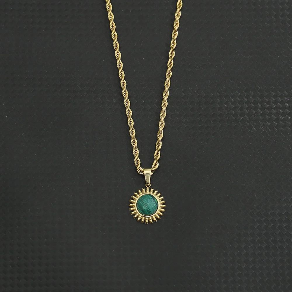 Sunflower Natural Stone Pendant Necklace 18K Gold color Stainless Steel Hip Hop