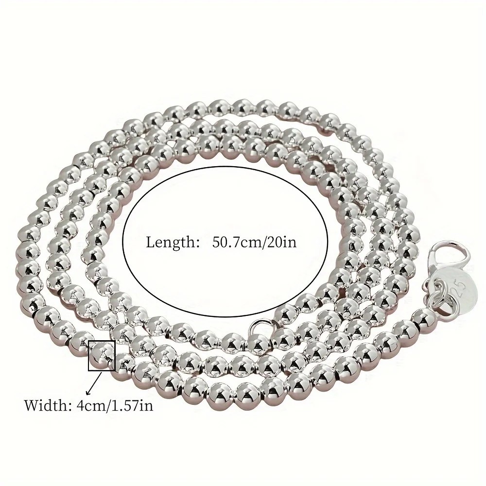 Elegant 925 Sterling Silver 4mm Hollow Ball Beaded Chain Necklace For Man Women