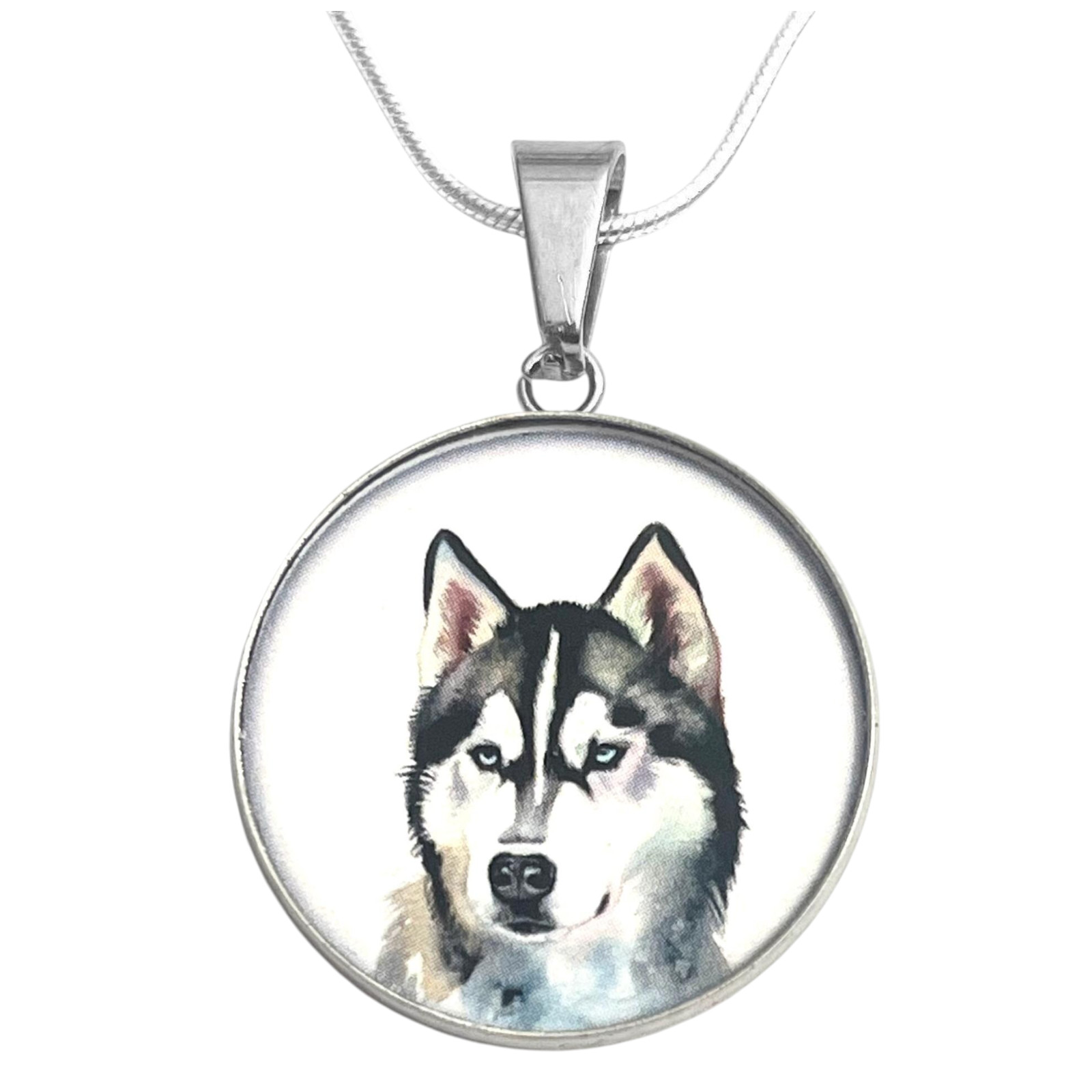 Siberian Husky DOG Art Print S. Steel Necklace Free Engraved message on back