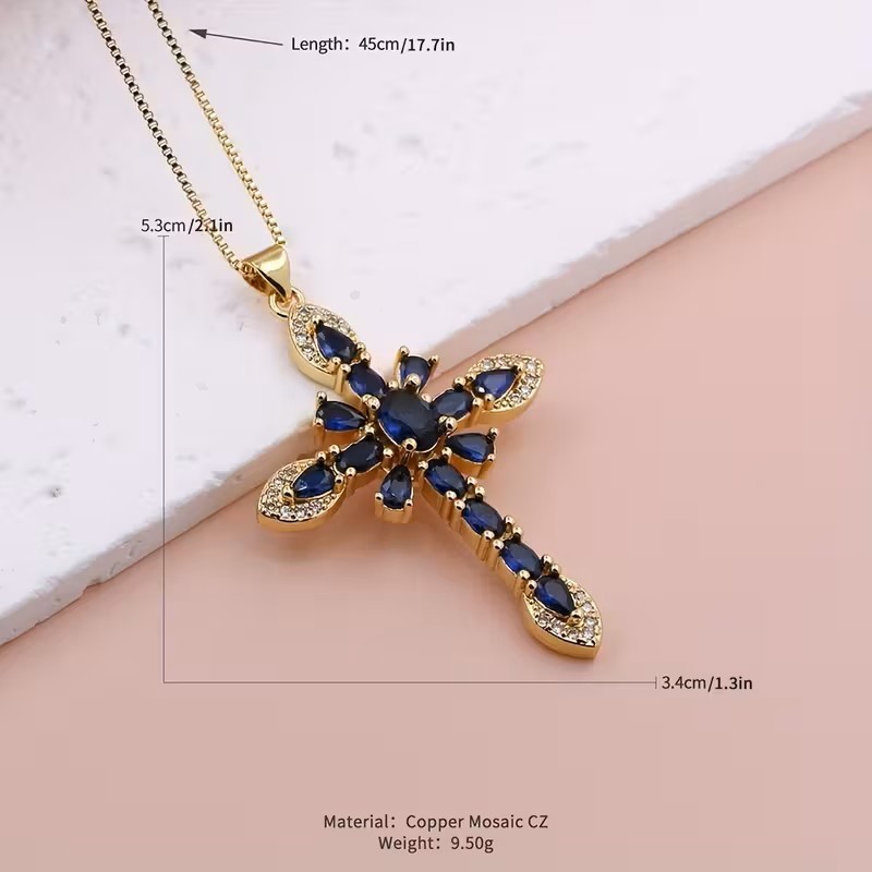 Blue & Gold Crystal Cross Pendant Necklace Christian Faith Jewelry Women Gift