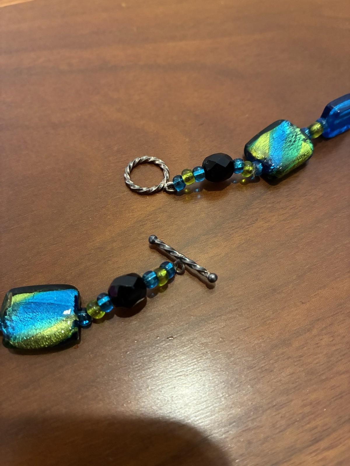 Vintage Blue Green Art Glass Beaded Necklace With Dichroic Glass Pendant Clasp
