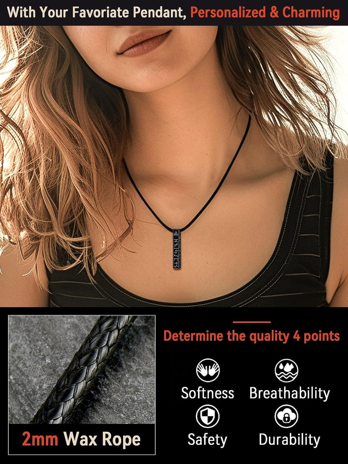Men’s Leather Necklace Cord with Stainless Steel Clasp 2mm 3mm 16-30 In. Black