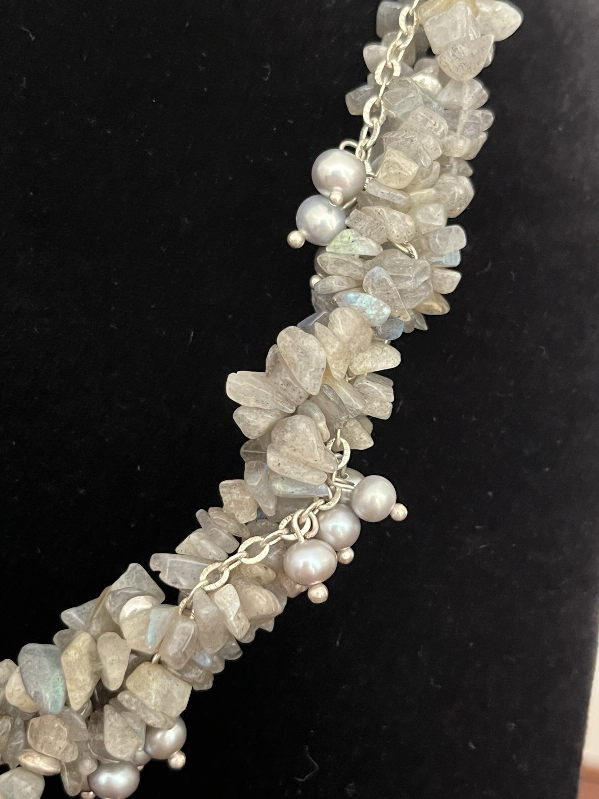 Labradorite and Pearl Statement Necklace 16″ – Beaded Collar Multi Strand Twist