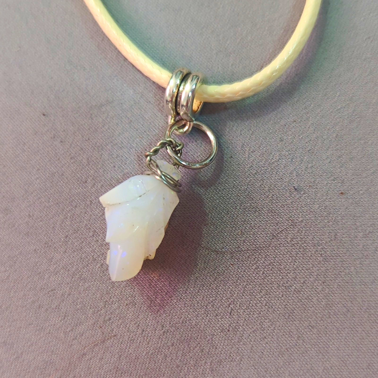 White Cord Necklace With Opal Leaf Pendant