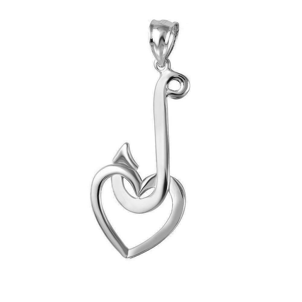 Sterling Silver Necklace w/ Fish Hook with Heart Charm Pendant, Made in USA