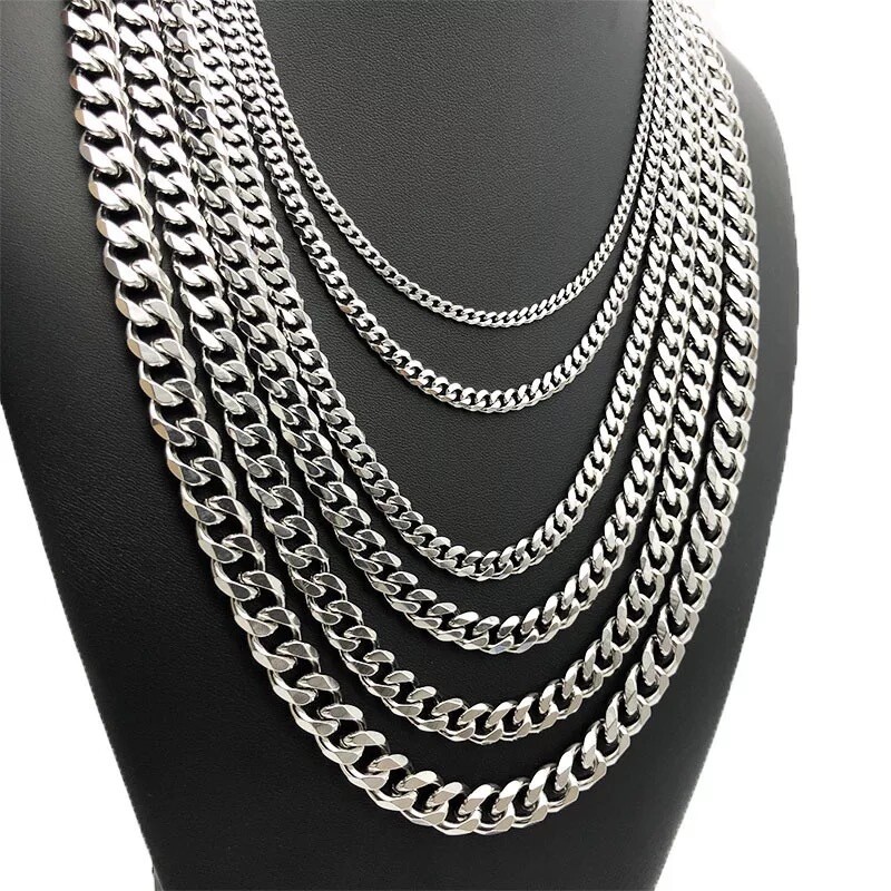 16-36″ Stainless Steel Silver Chain Cuban Curb Womens Mens Necklace 3/5/7/9/11mm