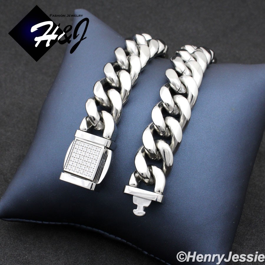 18″-40″MEN Stainless Steel 12mm Silver ICY CZ Miami Cuban Curb Necklace*N175