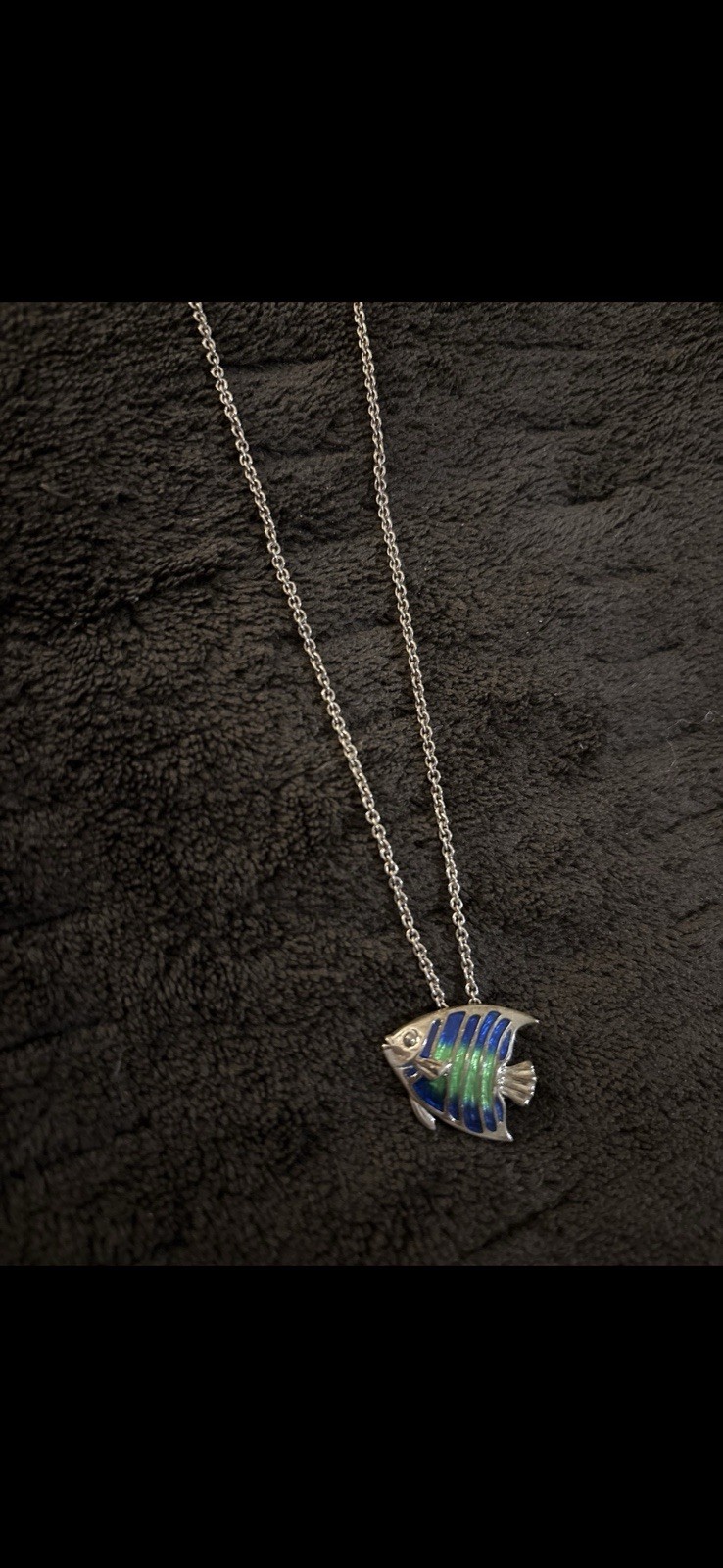 Silver Tone Cable Chain Necklace Blue Enamel Fish Charm Pendant Spring Ring