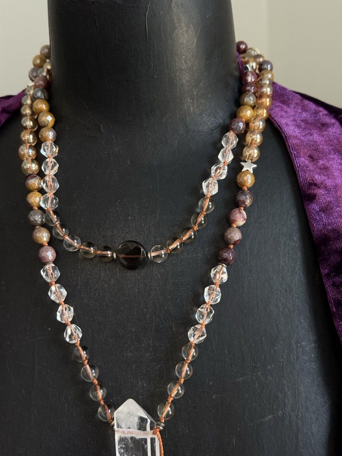 Clear quartz mookaite Jasper citrine Smokey quartz beaded mala necklace pendant