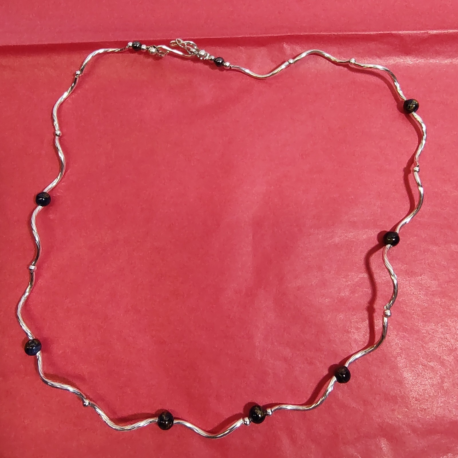 Silver Plated Necklace With Blue Tiger Eye Beads Handmade 20″ Hook & Loop Clasp
