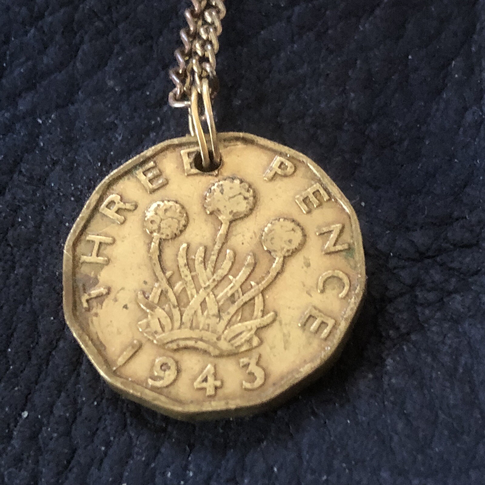 Vintage 1943 Three Pence Coin Pendant London King George VI WWII Necklace