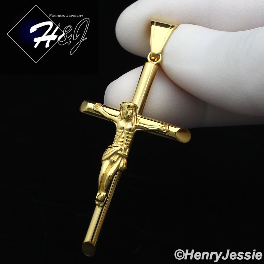 16″-36″Stainless Steel 3mm Gold Plated Cuban Curb Chain JESUS Cross Pendant*116